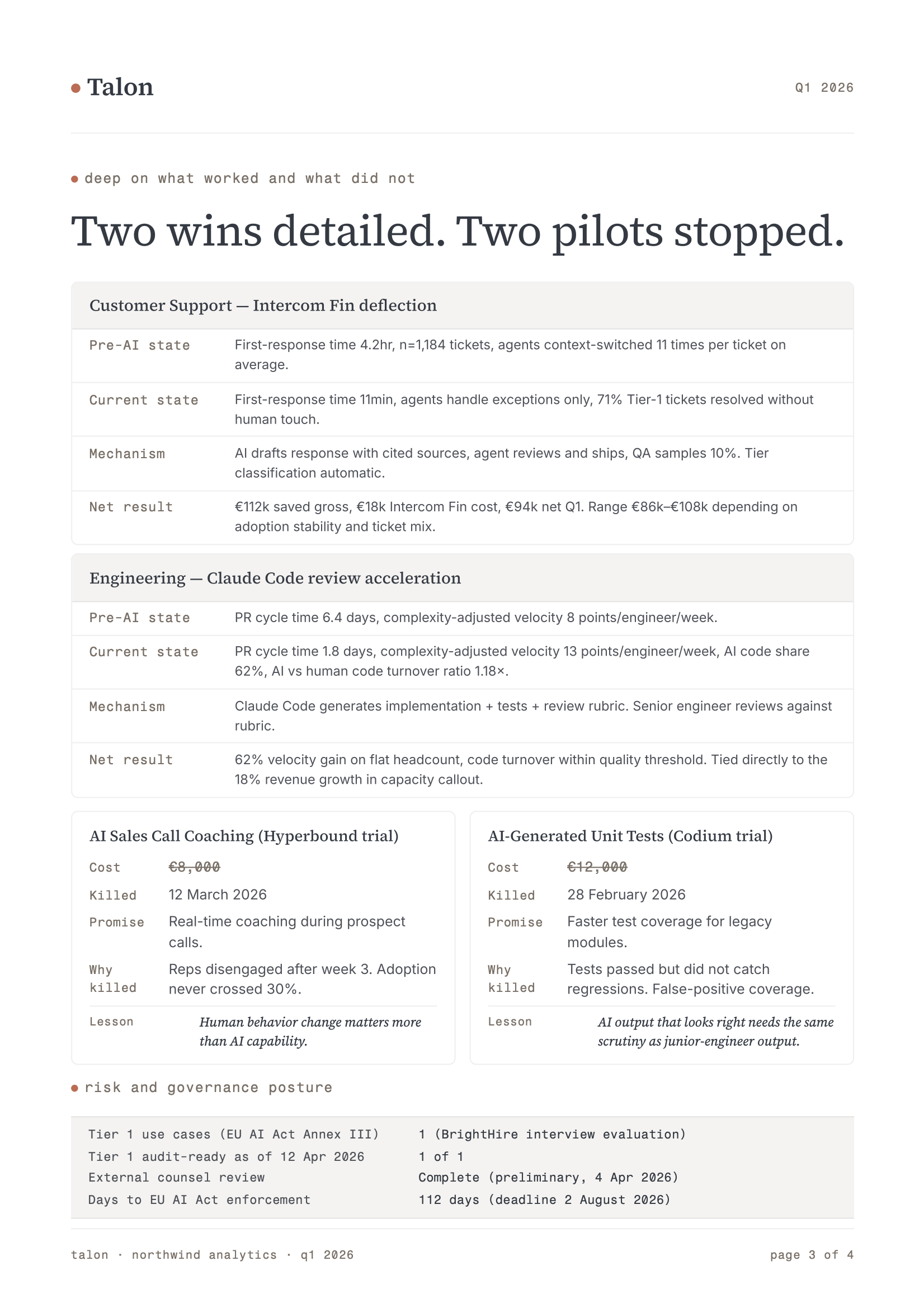 Talon sample report, page 3 — wins and stops breakdown with cost, mechanism, and net result per case