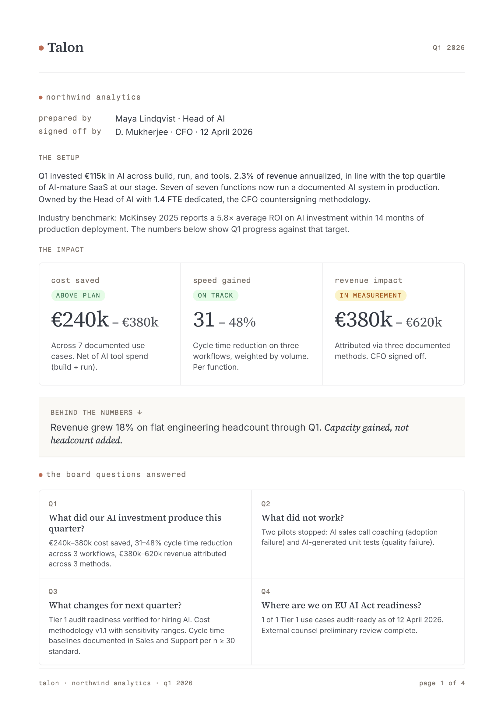 Talon sample report, page 1 — Northwind Analytics Q1 2026 executive summary showing cost saved, speed gained, and revenue impact